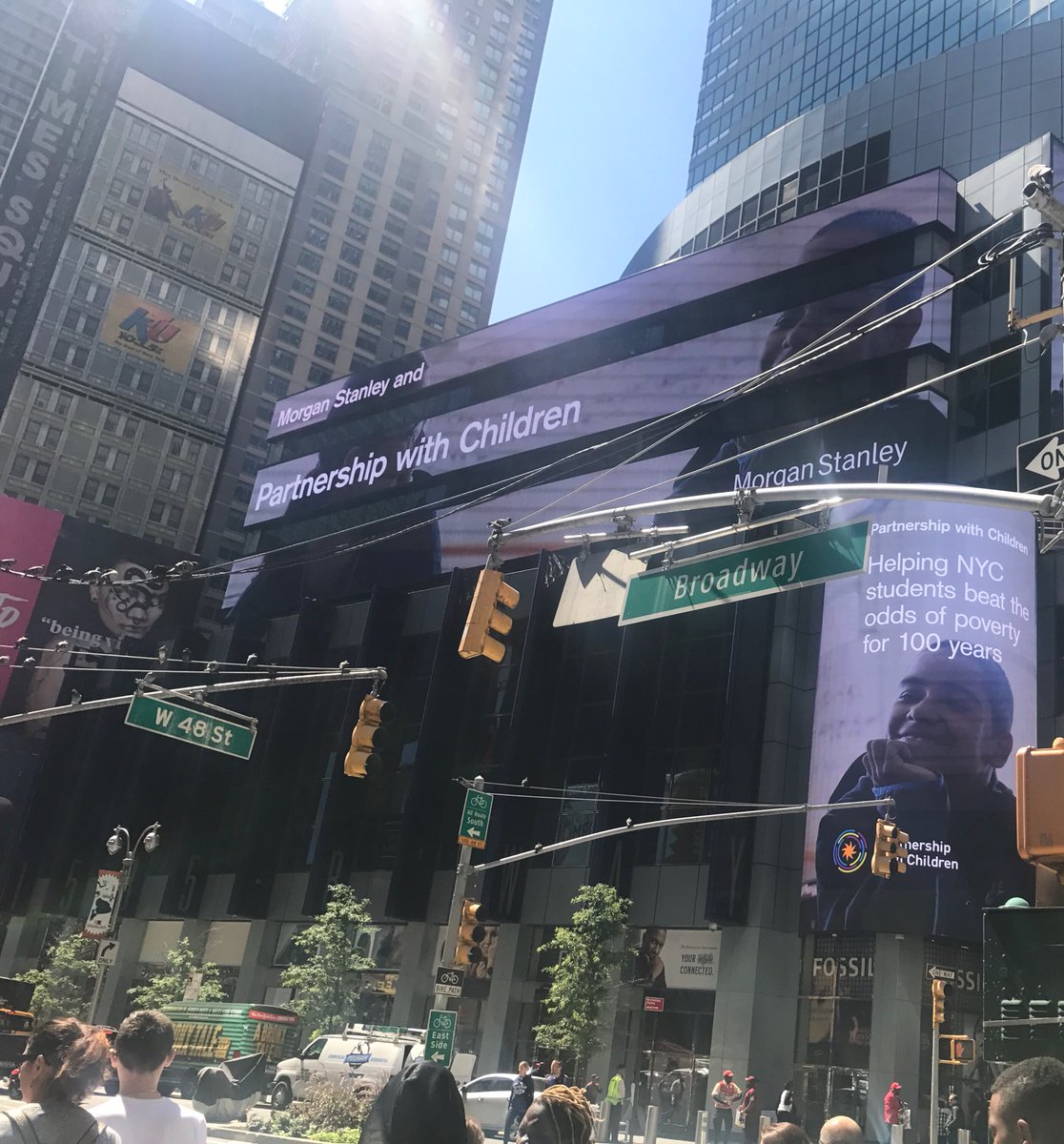 RSAMS377's tweet photo. Thanks to #MorganStanleys support of @PWCNYC Jesus and Crystal are on the screens in #timessquare on the Morgan Stanley building!!!!  💜💙💚💛❤️ https://t.co/PLlqvjIv9T