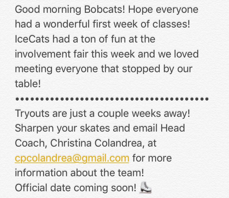 Welcome back Bobcats! Tryout information: