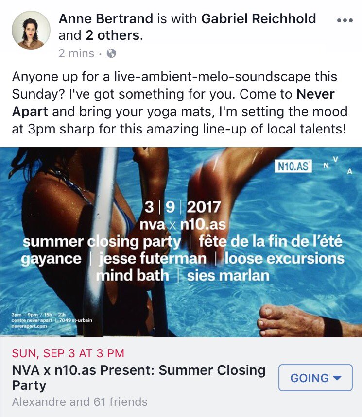 annebrtd's tweet photo. Ending summer with grace @neverapartmtl this Sunday, thanks @n10asradio for putting this up! Show starts at 3pm #sharp https://t.co/xK1gBZyten