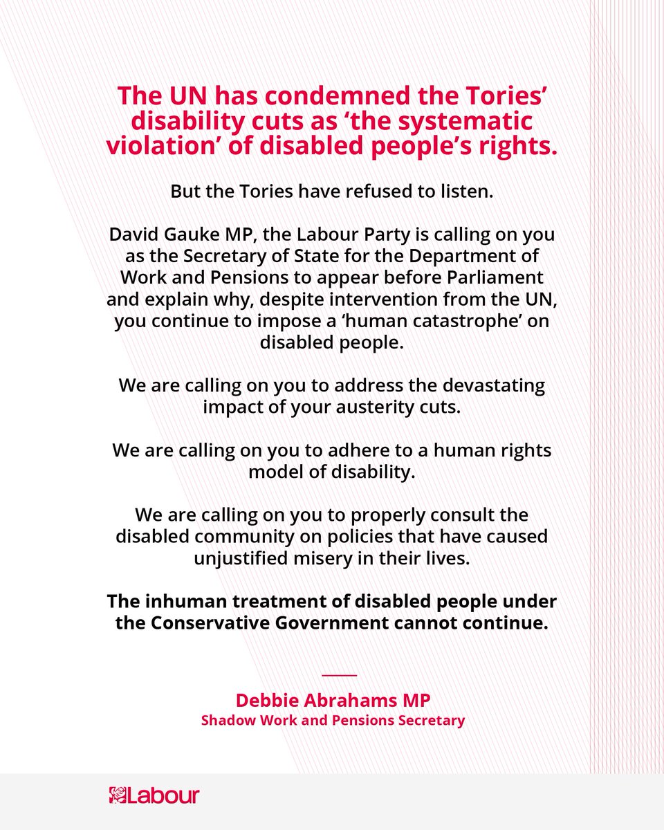 The Labour Party (@uklabour) on Twitter photo David Gauke, it's time you answered for the 'human catastrophe' of your party's disability cuts. RT our statement from <a href="/Debbie_abrahams/">Debbie Abrahams</a> ↓ David Gauke, it's time you answered for the 'human catastrophe' of your party's disability cuts. RT our statement from <a href="/Debbie_abrahams/">Debbie Abrahams</a> ↓