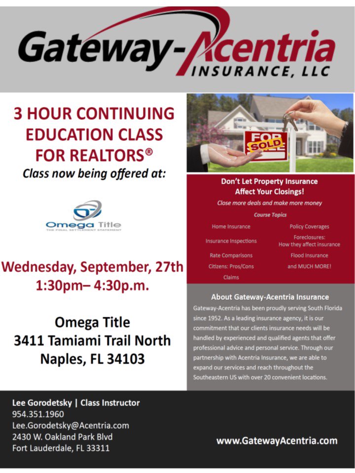 OmegaTitleGroup's tweet photo. Don't let property insurance affect your closings!
3 hour continuing education class for realtors on
Wednesday, September 27th, 1:30-4:30pm https://t.co/XMgtaGUSIK