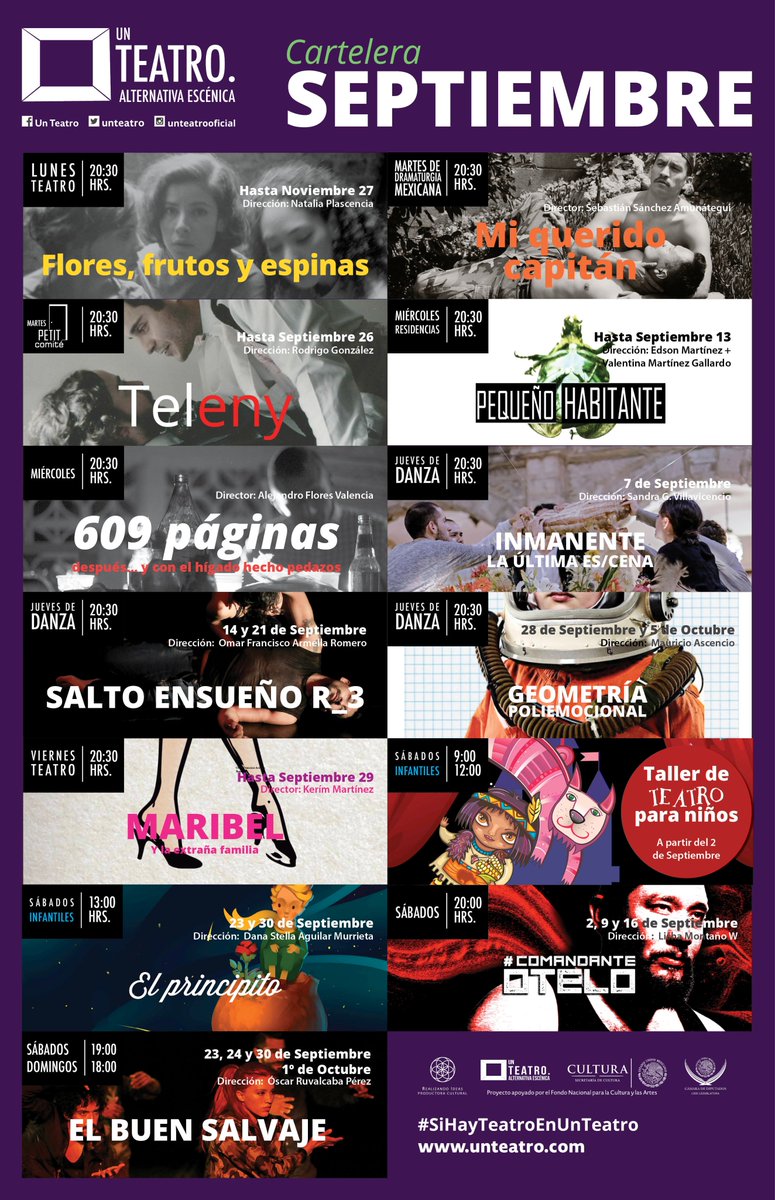 UnTeatro's tweet photo. #BienvenidoSeptiembre: Aquí nuestra cartelera del mes con estrenos, reestrenos, nuestro ciclos y más... #SiHayTeatroenUnTeatro https://t.co/KcvgJoM3hj