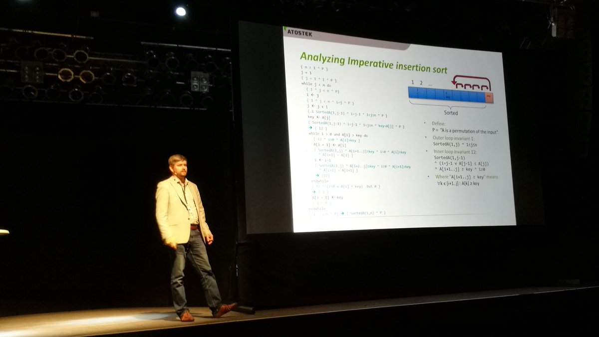 clojuTRE's tweet photo. Dr. Juhana Helovuo in front of the class analysing imperative vs. functional insertion sort. #SmallFPconf #ClojuTRE https://t.co/5nSmlCKJXY