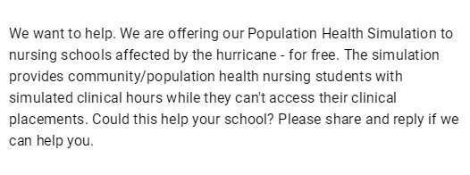 HLInnovations's tweet photo. We want to help. We are offering our Population Health Simulation to nursing schools affected by the hurricane -.. https://t.co/IjWBiErHQm