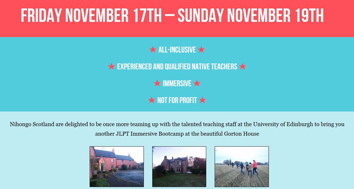 NihongoConnect's tweet image. JLPT BOOTCAMP NOVEMBER 2017 Bookings open!
nihongoscotland.com/index.php/jlpt… #Edinburgh #Japanese #Language #Nihongo #にほんご #日本語　#JLPT @EmmaLearns2Code