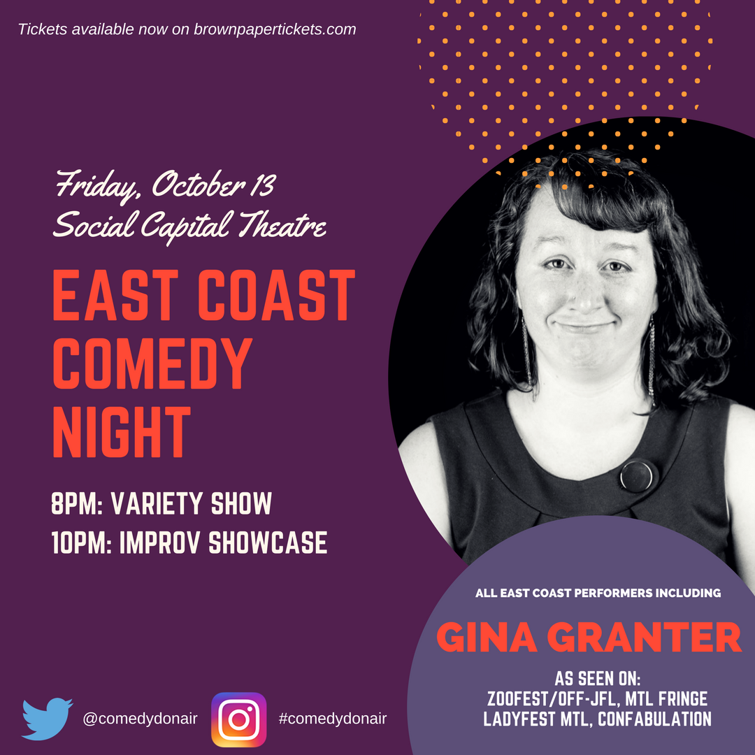 Who's doing her 1st East Coast Comedy Night <a href="/TheSoCap/">SoCap Comedy</a> Why <a href="/itsprobablygina/">Probably Gina</a>  #Comedy, screech, donairs! Tickets at:  goo.gl/zCs2RC