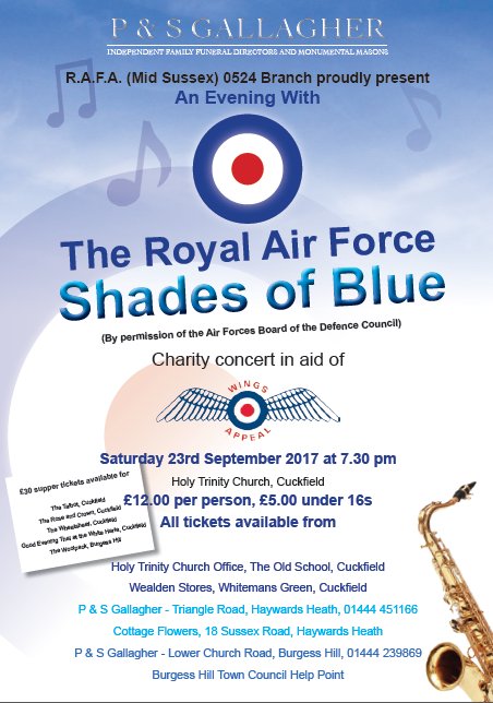 Tickets available from P&amp;S Gallagher Funeral Directors in Burgess Hill for the Shades of Blue RAFA concert 23rd Sept - DON'T MISS IT!!!