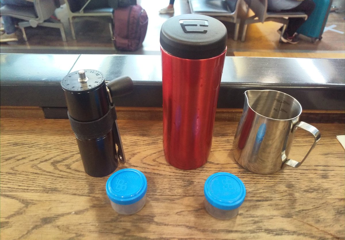 BrianCoffeeSpot's tweet photo. My new @madebyknock Aergrind makes its debut at Heathrow T3 supporting my @espro Travel Press & #SoLCup. Beans by @origincoffee https://t.co/xR9kaGHaHV
