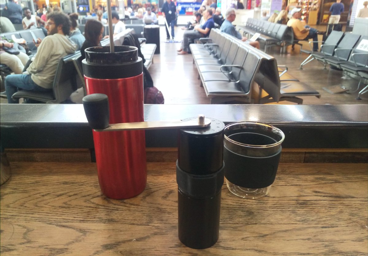BrianCoffeeSpot's tweet photo. My new @madebyknock Aergrind makes its debut at Heathrow T3 supporting my @espro Travel Press & #SoLCup. Beans by @origincoffee https://t.co/xR9kaGHaHV