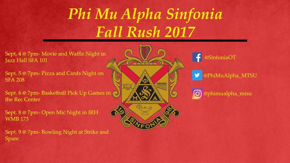 PhiMuAlpha_MTSU's tweet photo. Here is our updated Fall Rush schedule! If you have any questions feel free to message us https://t.co/QMjOPqVJZY