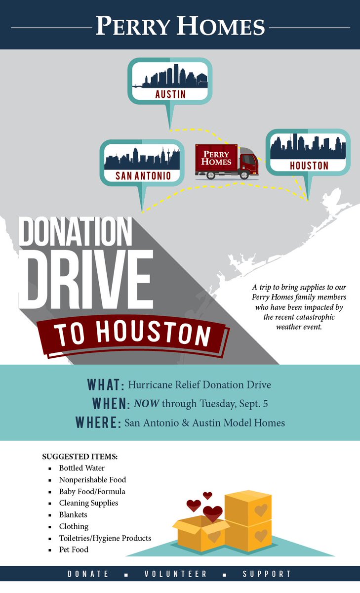 Our friends over at <a href="/perryhomes/">Perry Homes</a> are running a donation drive to help the folks impacted by Harvey. Stop by their model home to help!