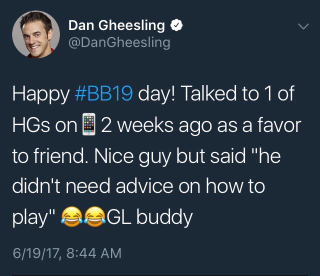 08Jayhawk's tweet photo. Dan deleted the tweet from last night. Matt was the one that turned down his advice before going into the house #BB19 https://t.co/sPl1NvvoyO