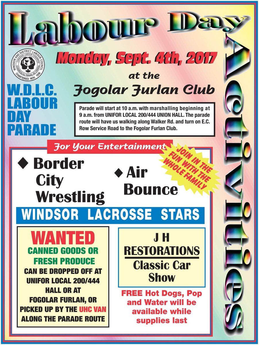 WDLCWindsor's tweet photo. Join the annual family-friendly Windsor Essex celebration of Labour Day #Parade #Speeches #AirBounce #ClassicCars https://t.co/zQkhpU4UjP https://t.co/OEVUC9bkA3