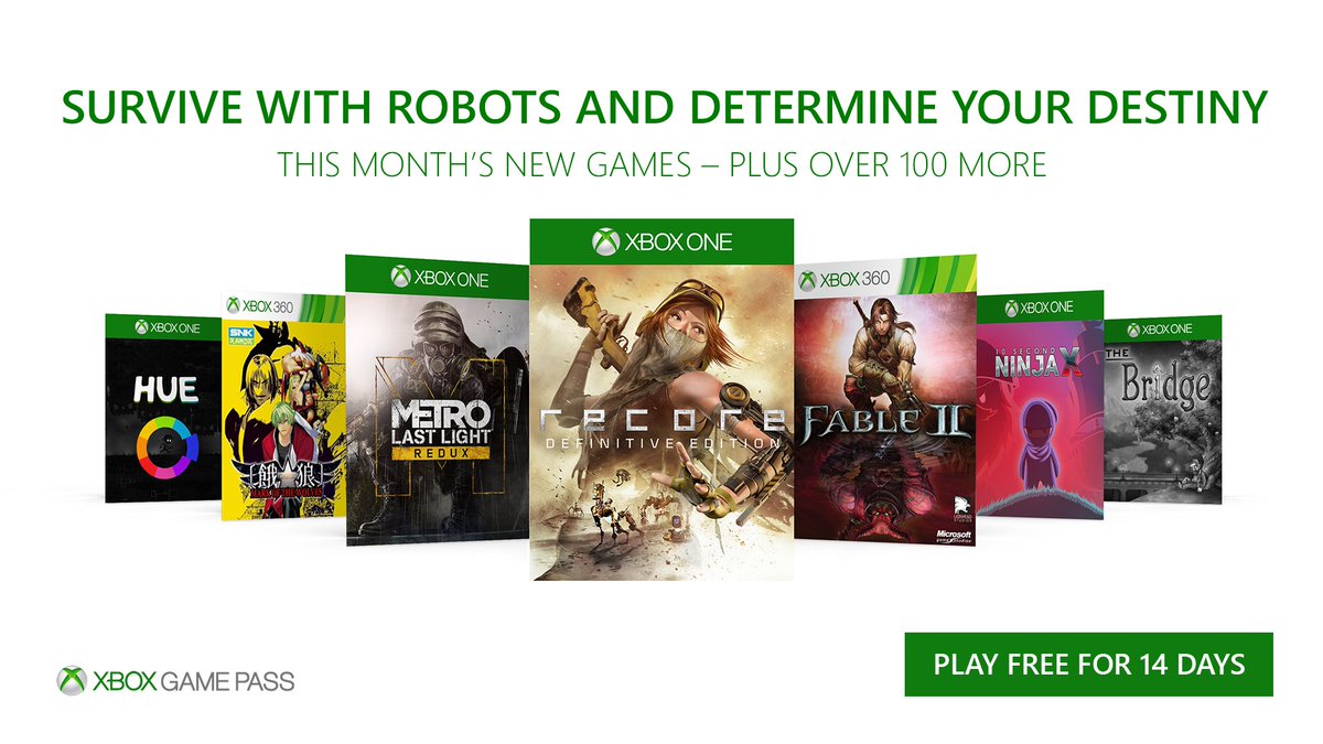 XBOX's tweet photo. Over 100 great games—plus 7 more.
Play ReCore DE [T], Fable II [M], and more FREE for 14 days: https://t.co/4FqaBb8nMB #XboxGamePass https://t.co/ap6ZV5726b