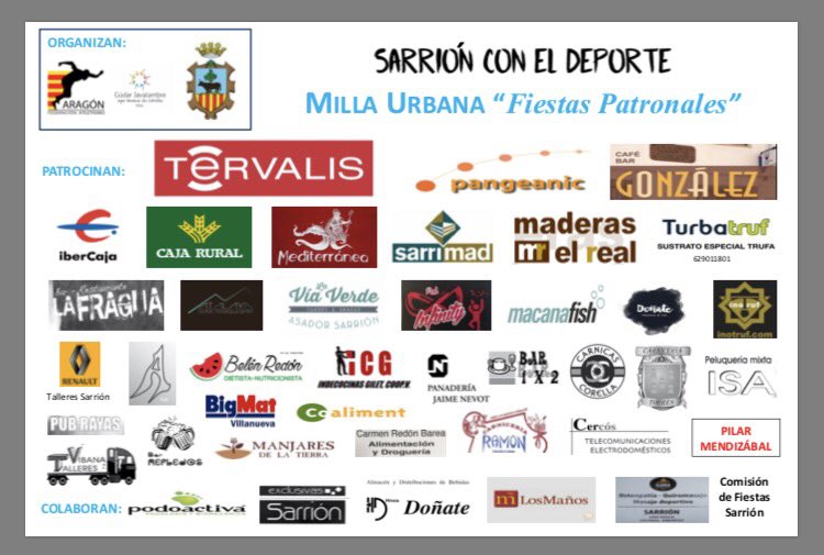 Esta @MillaSarrion no sería posible sin nuestros patrocinadores...
¡¡MUCHÍSIMAS GRACIAS A TODOS!!
#SarriónConElDeporte #MillaUrbana