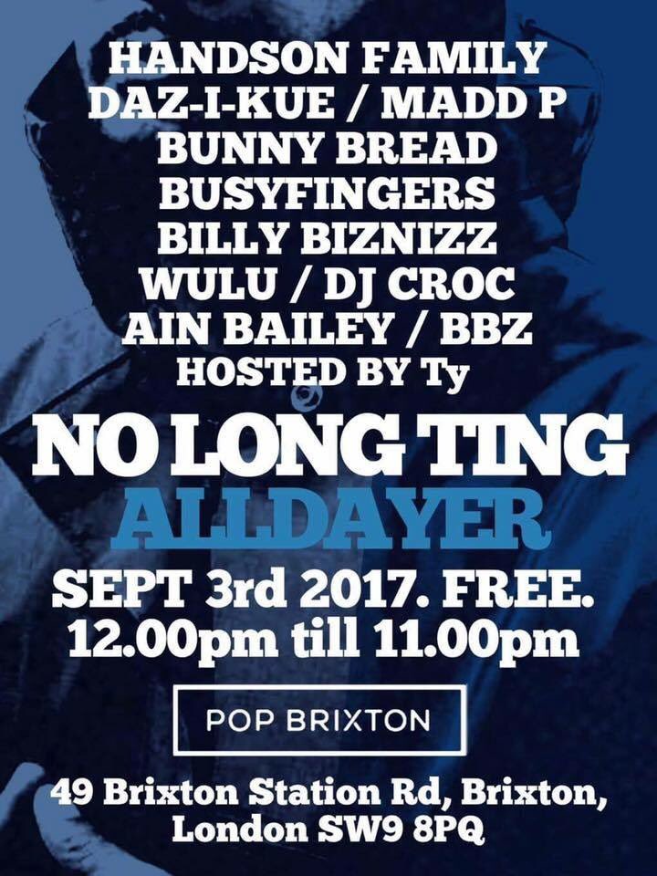 1NationUAG's tweet photo. The full line up for #nolongtingpopbrixton @PopBrixton on Sunday. Last one for 2017. @tymusic @HandsOnFamily @Crocodile248 @dazikue +more RT https://t.co/7CL3JF7Slg