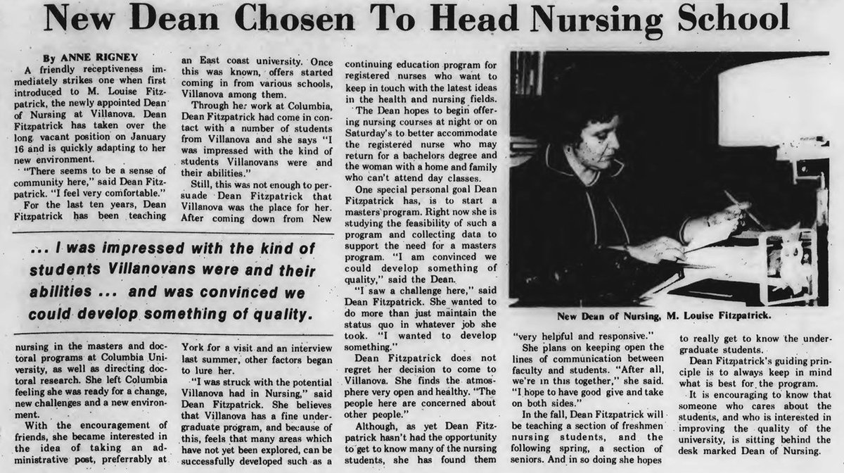 VillanovaDigLib's tweet photo. We join @VUNursing & #NovaNation in mourning the loss of #DeanFitzpatrick. Article from @TheVillanovan 4/21/1978: https://t.co/zR59I1YGXm https://t.co/4OjNYGaBuI