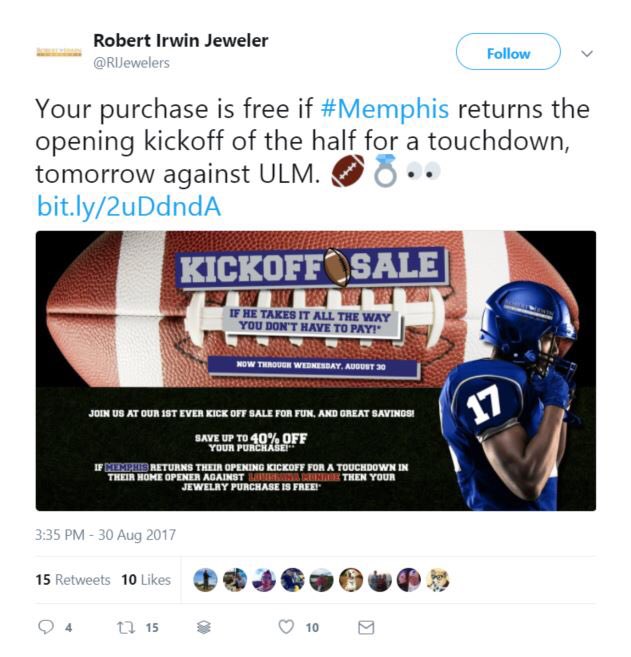 Jerica_Phillips's tweet photo. #ThisJustIn Robert Irwin Jewelers' customers who participated in the Memphis Tigers Kickoff Sale can expect refunds in 6-8 weeks. https://t.co/Ng7vtFLzCG