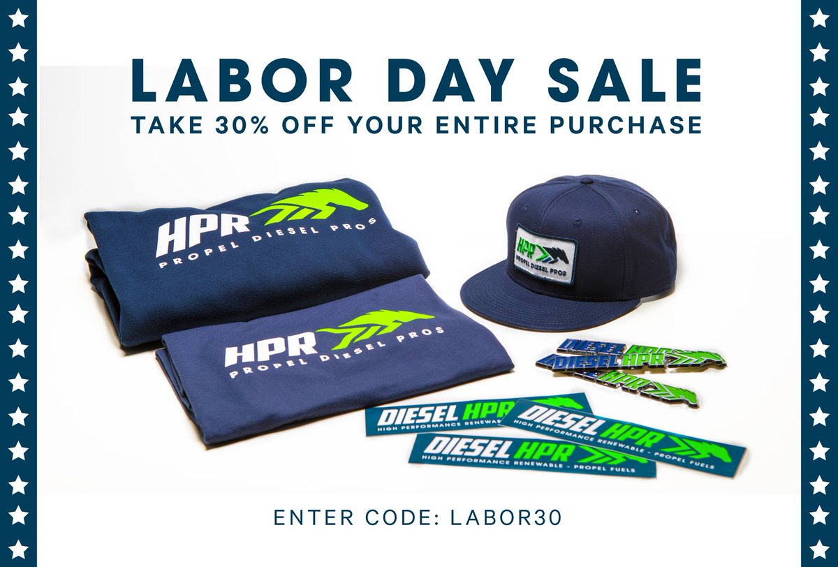 PropelDieselPro's tweet photo. Get your #DieselHPR gear at 30% off through Sept. 4th. #LaborDay #PropelFuels #PropelDieselPro #PropelProShop https://t.co/wjKW4RlyNz https://t.co/TNg8wPbUDs