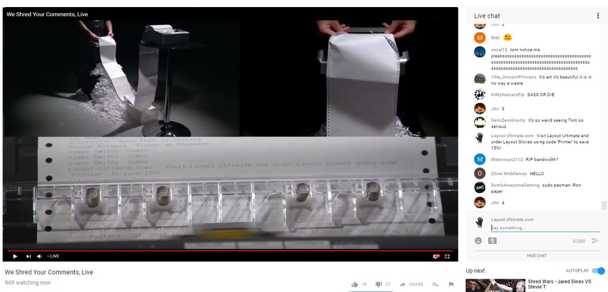 LayoutUltimate's tweet image. Testing a new form of advertising via Live Printer Shredding Comments.  #LayoutGloves Printer/Shredder Link: youtube.com/watch?v=vXwb_7…