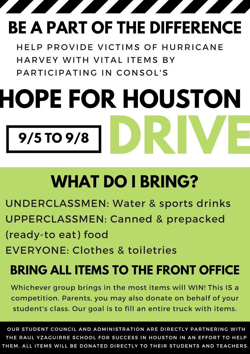 amchsstuco's tweet photo. Hey Tigers. Just miles away, the lives of students just like us were permanently altered after the Hurricane.  Now is your chance to help. https://t.co/eHU8SEZAGy