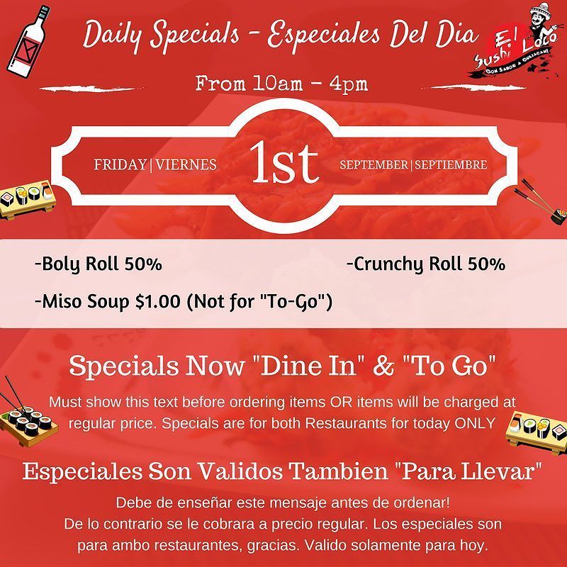 elsushiloco's tweet photo. Join us today for #sushiloco specials 😊 🍽 bring the family to any of our two locations #lapuente or #Downey 😊 🍽 🍴 🍤🌶🎉🍻🔥🍋💦 https://t.co/UNV8of0zKh