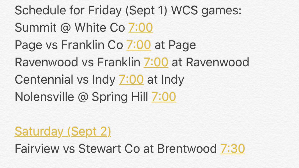 wcsCOAthletics's tweet photo. Confirmed #WCSsportsConference Football schedule for tonight and tomorrow. https://t.co/vUKB79Ua1V