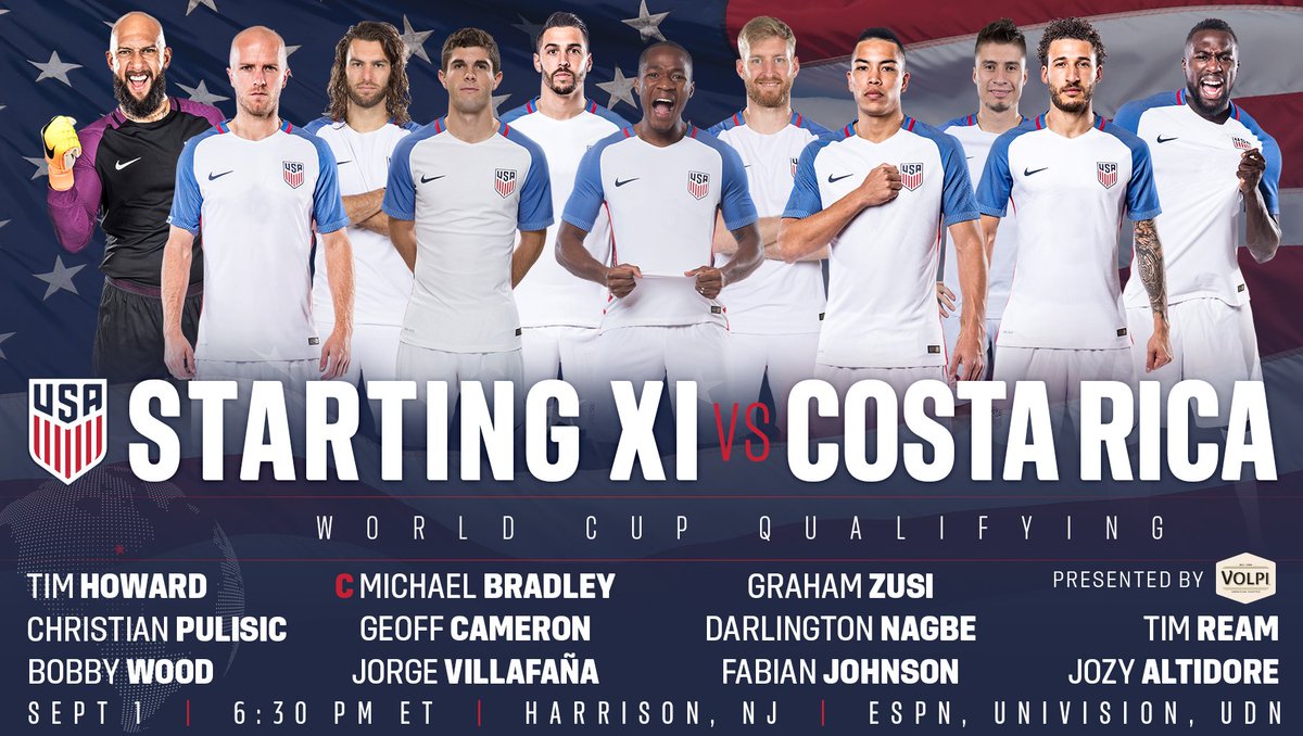 USMNT's tweet image. Go time in Harrison 🇺🇸. Meet your #USMNT starting XI for #USAvCRC, presented by @VolpiFoods1902!

Lineup notes » ussoc.cr/7a4b