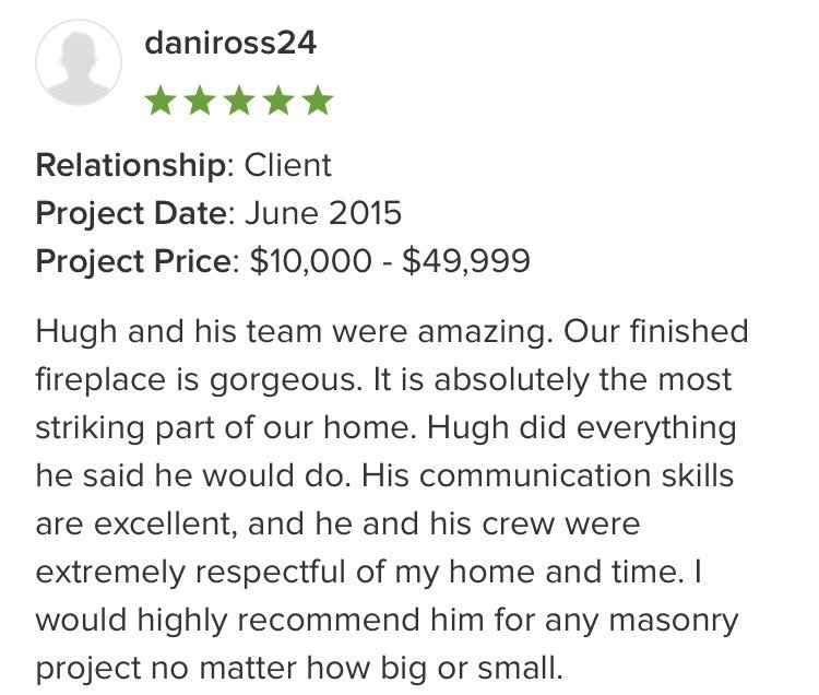 ProMasonry's tweet photo. "Hugh and his team were amazing. Our finished fireplace is gorgeous. It is absolutely the most striking part of our home..." - via @houzz https://t.co/LC8NLSphEI