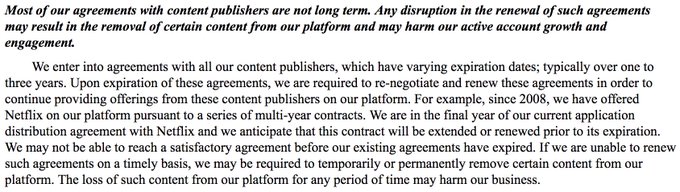 Tidbit from Roku S-1 filing: its distribution deal with Netflix, its most popular app, is less than a
