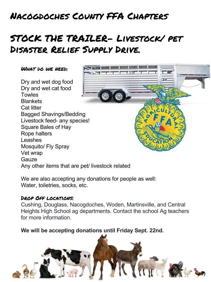 sarahmcck's tweet photo. Hey friends! We're doing some Hurricane Harvey Disaster relief for pets/livestock!!! Contact your local Nac County FFA chapters to help :)) https://t.co/SV4d8L2n25