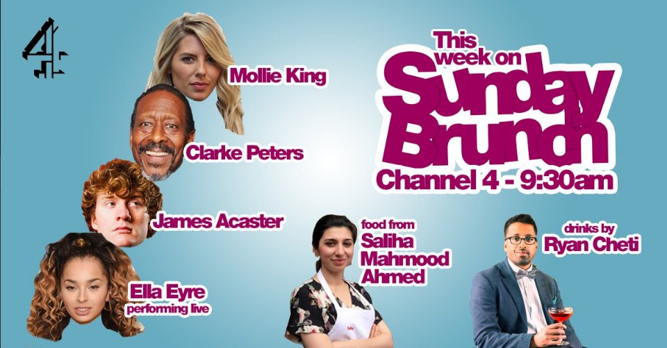 PrincessTV_UK's tweet photo. @SundayBrunchC4 are at it again with another great line-up! @MollieKing, @clarkepeters, @jamesacaster, @EllaEyre, @RyanCheti, @salihacooks https://t.co/WAsQDG9rdp