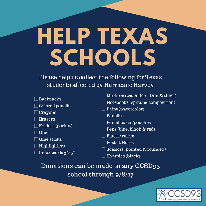 CCSD93's tweet photo. Please help us help Texas students! #D93cares https://t.co/xVE2VUKRvM