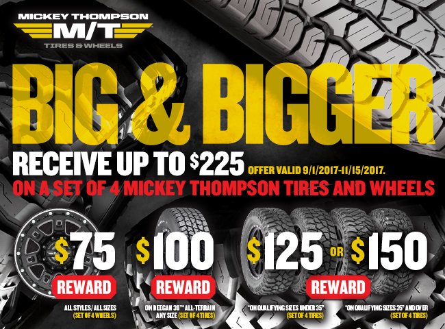 MickeyThompsonT's tweet photo. You could get up to $225 when you buy a set of four Mickey Thompson Tires and Wheels! It's as easy as going to https://t.co/DR7mIkjdoK https://t.co/9PcfkyOxm9