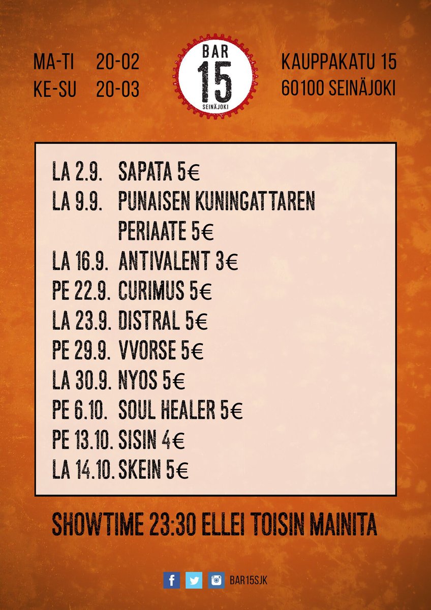 bar15sjk's tweet photo. Syys-lokakuun ohjelmistoa! #bar15 #seinäjoki #keikat #livemusiikki #wartti https://t.co/GBSwGBoECO