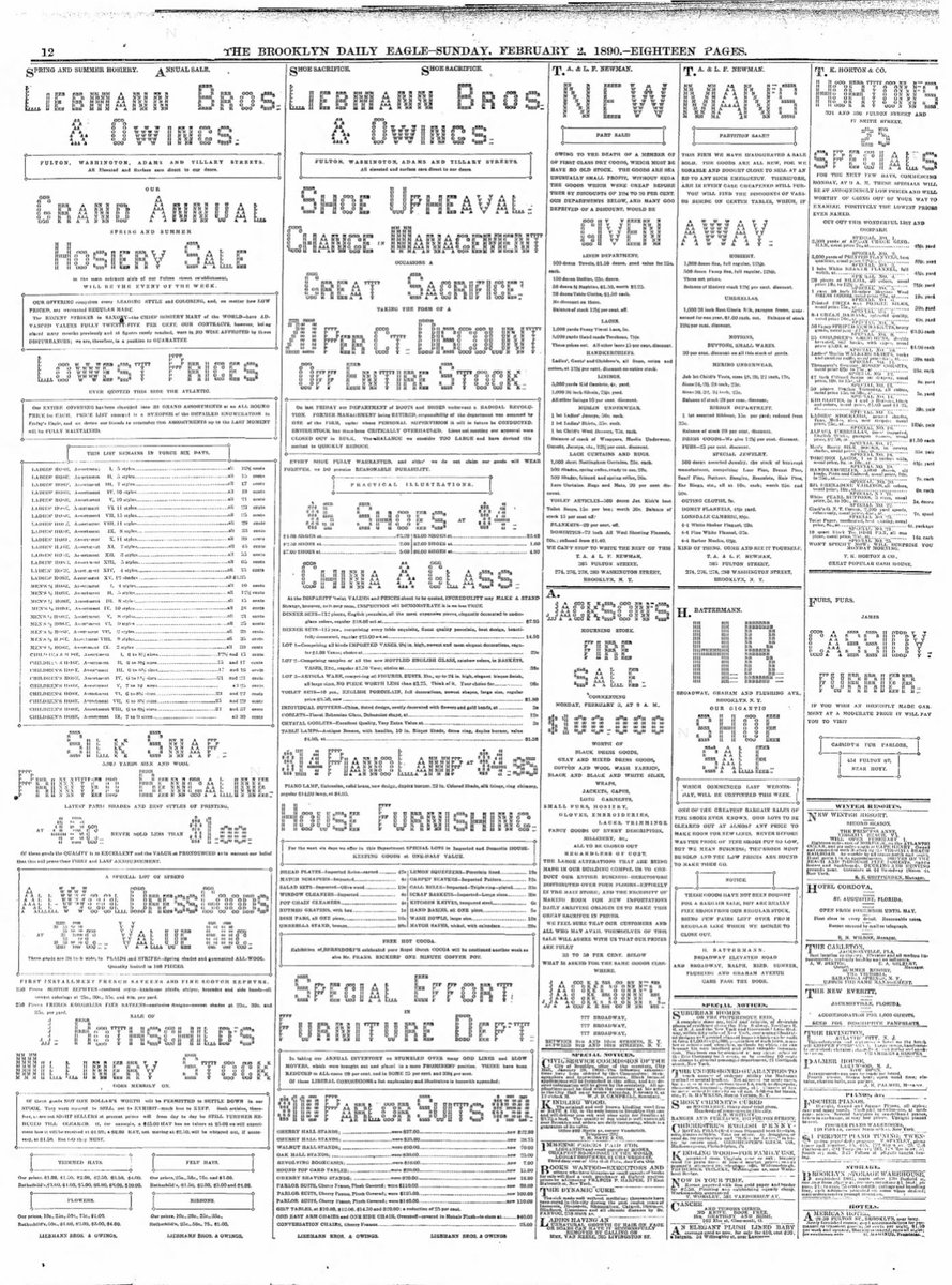 if we include lettering examples, we can go back further—this is how the classifieds section of the Brooklyn Daily Eagle looked in 1890-91