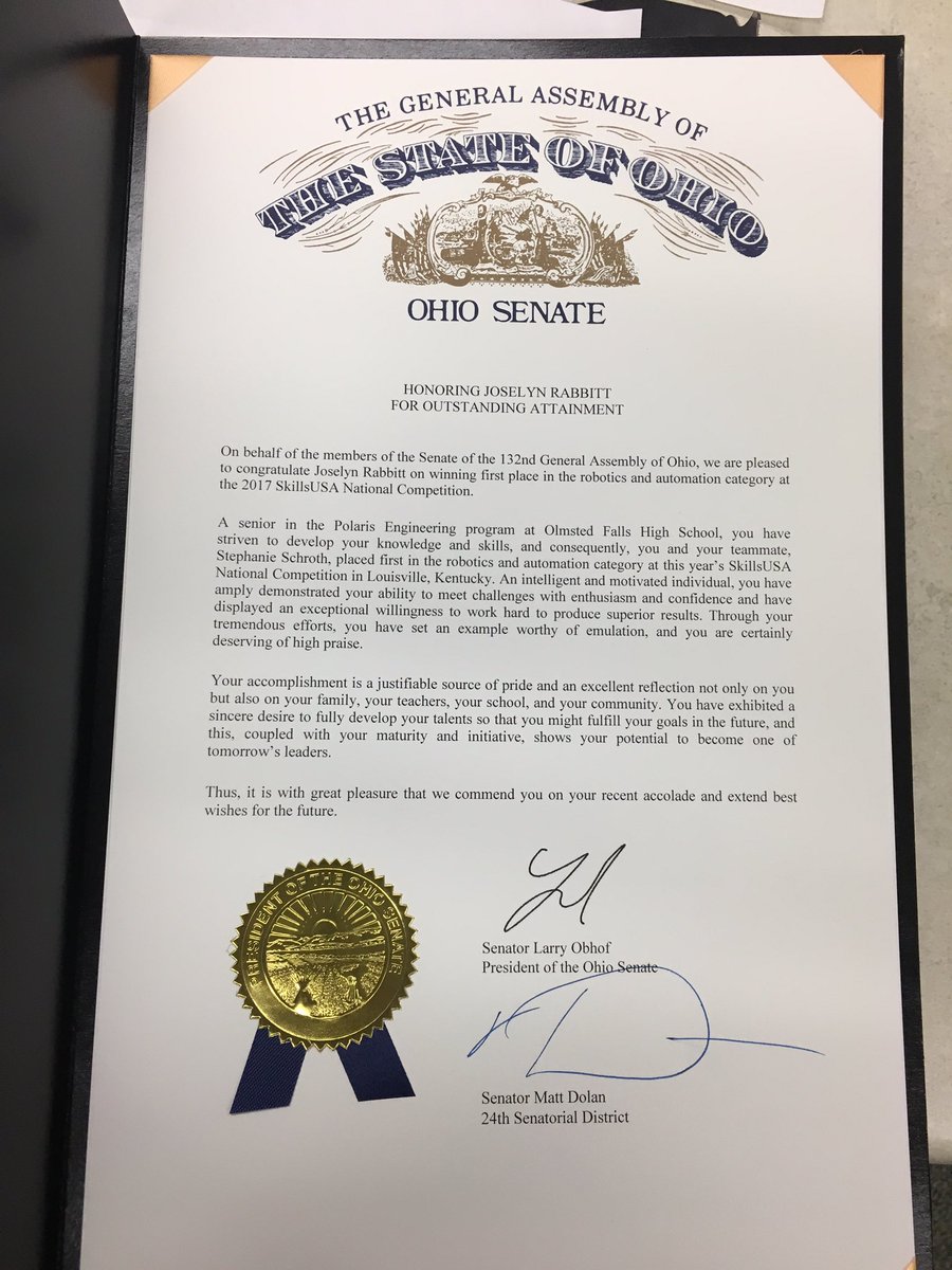 MichaelHaydn4's tweet image. Just received Ohio senate proclamation for Stephanie and Joselyn for there 1st place showing @SkillsUSA this summer @OFalls_Bulldogs