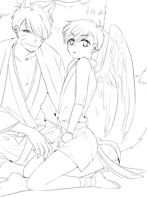 大きい狐×小さい烏天狗。うたた寝したら微妙に寝れなくなり、そして線画で力尽きる… 