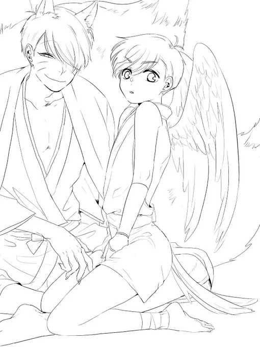 大きい狐×小さい烏天狗。うたた寝したら微妙に寝れなくなり、そして線画で力尽きる… 
