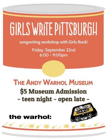 GirlsRockPgh's tweet photo. Registration for #GirlsWritePittsburgh + @GirlsRockPgh Songwriting Workshop at @TheWarholMuseum is up! Go to https://t.co/Q3uUUMMUZO ! ๐คโ๏ธ๐ธ https://t.co/Cz4fyNTwPj
