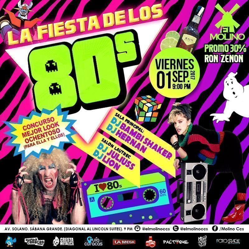 ElMolinoCcs's tweet photo. ¡HOY llega #LaFiestaDeLos80s! 🍾 #PromoRON 30% 😎🌈💄 ¡Prepara tu pinta, canta y baila al ritmo de lo mejor y lo peor de esta década! #vie01sep https://t.co/yVwwGNpb8t