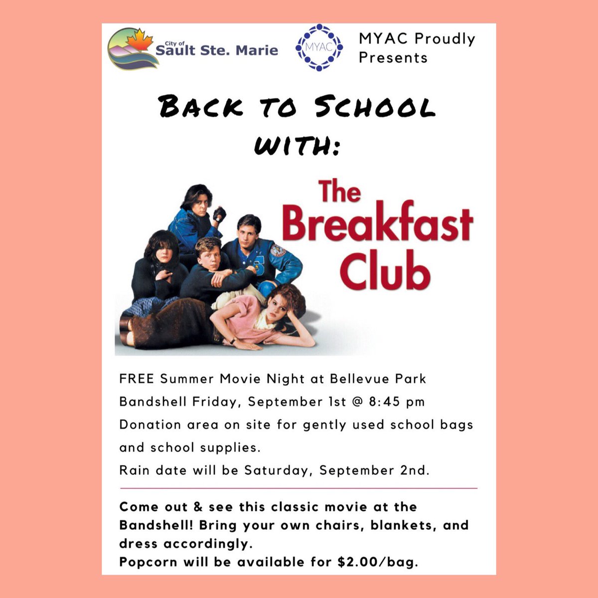 MYACSSM's tweet photo. TONIGHT ✨ Free admission presentation of The Breakfast Club at the Bellevue Park Bandshell! Hope to see you at dusk, approximately 8:45PM https://t.co/N60ArP8a4I