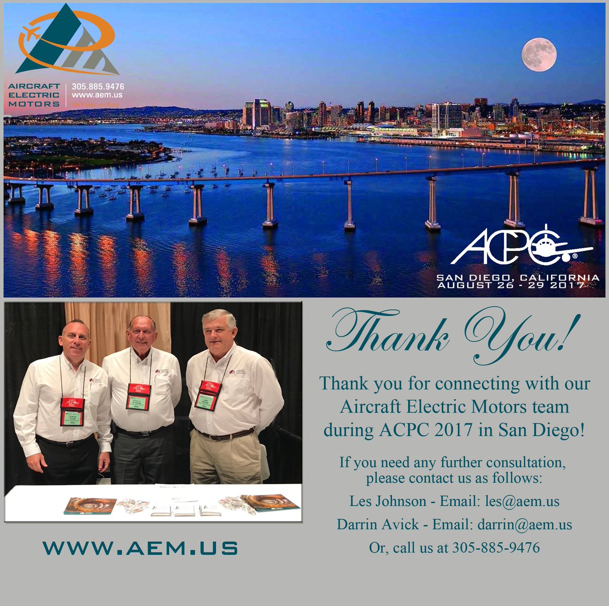 AirElecMotors's tweet photo. Thank you to everyone who stopped by our booth at #ACPC2017 conference in San Diego! https://t.co/EQlRA2Ms2r