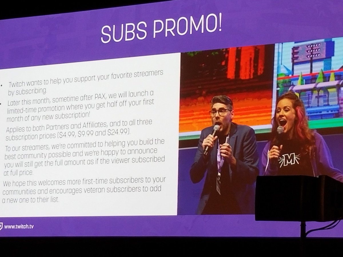Twitch's tweet photo. Coming soon: Get half-off your first month of ANY new sub for a Partner or Affiliate! (Streamer still gets the full amount) #TwitchTownHall https://t.co/juEviTdS8v