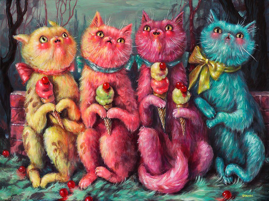 brandimilne's tweet photo. My new painting "What Are We Afraid Of?" is pretty weird 🍰🍰See it in real life at @coreyhelford until Sept. 16 in #DTLA https://t.co/5OsTTEkYDC