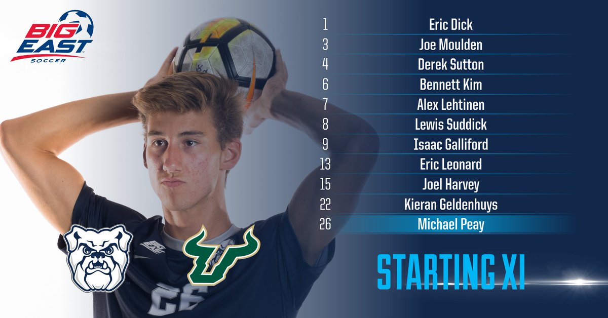 ButlerMSoccer's tweet photo. Tonight's line-up for the match with USF. Freshman Joel Harvey with the first start of his Butler career. https://t.co/S5w4G7L5aZ