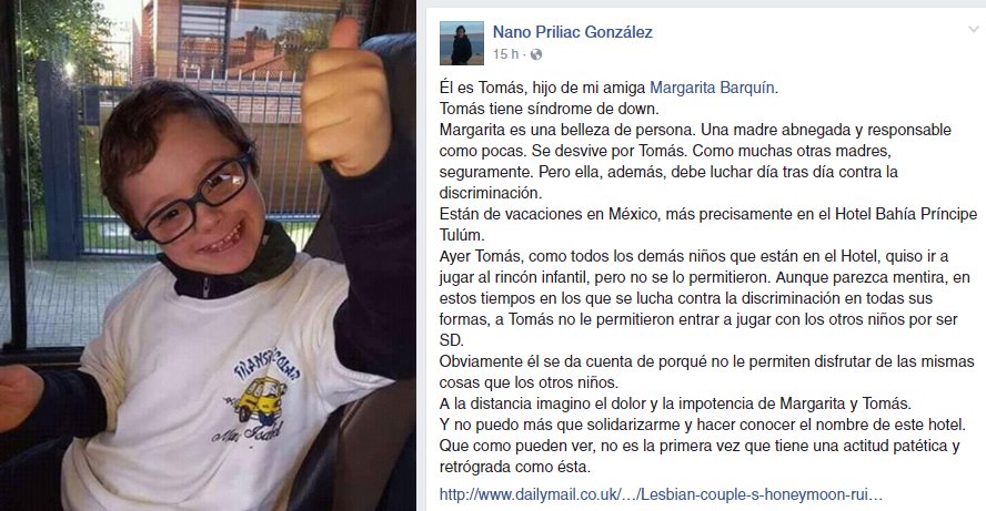 AndresReyes1976's tweet photo. En el hotel @BahiaPrincipe discriminaron a un niño por tener síndrome de down. ¿Me ayudan a difundirlo? Para evitarles otro mal momento. https://t.co/7Ae3rKNq96