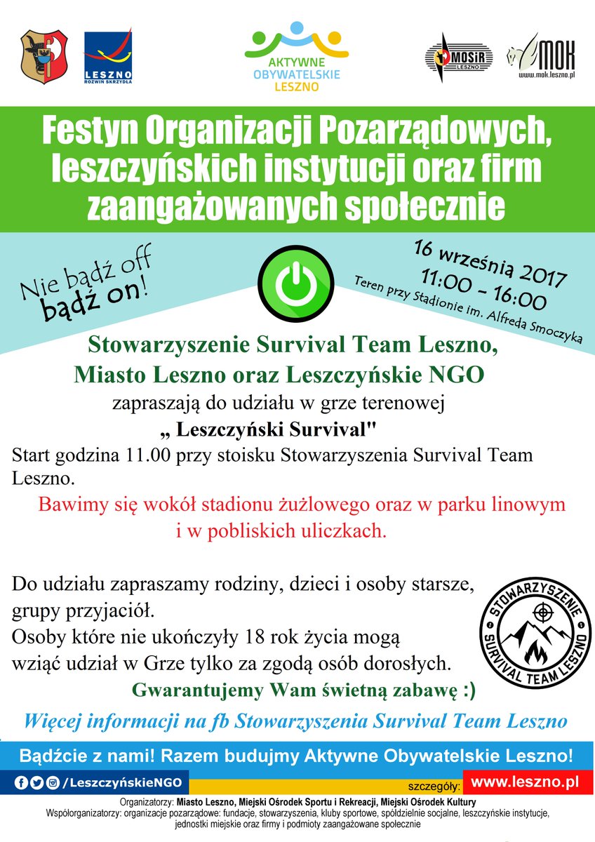 LeszczynskieNGO's tweet photo. Jedną z atrakcji akcji #AOL2017 jest gra terenowa #LeszczyńskiSurvival. Widzimy się #16września @lukasz_borowiak @tvml_leszno @ZLesznaDoRio https://t.co/dqHwYakN4z