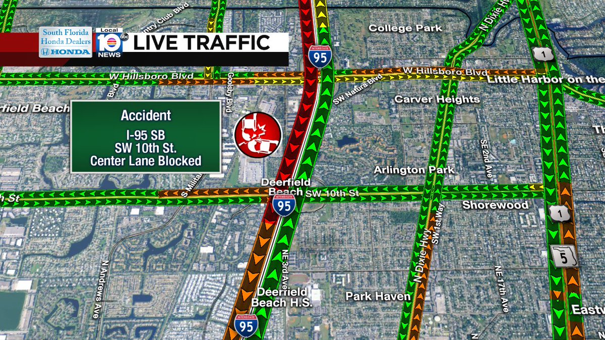 CRASH: I-95 SB & SW 10th St. A center lane is blocked and delays are stretching for miles. #TRAFFIC https://t.co/jkFizC8DbF