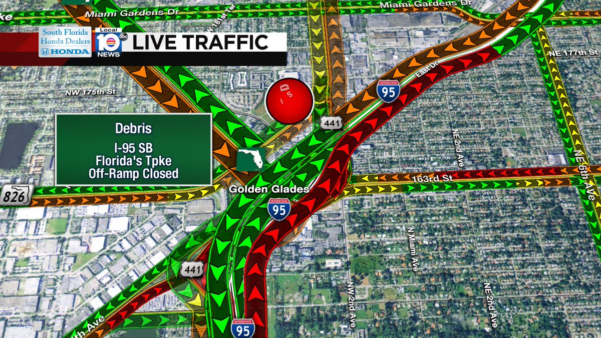 DEBRIS: I-95 SB & Florida's Tpke off-ramp is blocked. Expect delays. #TRAFFIC https://t.co/WqJZvfdxXk